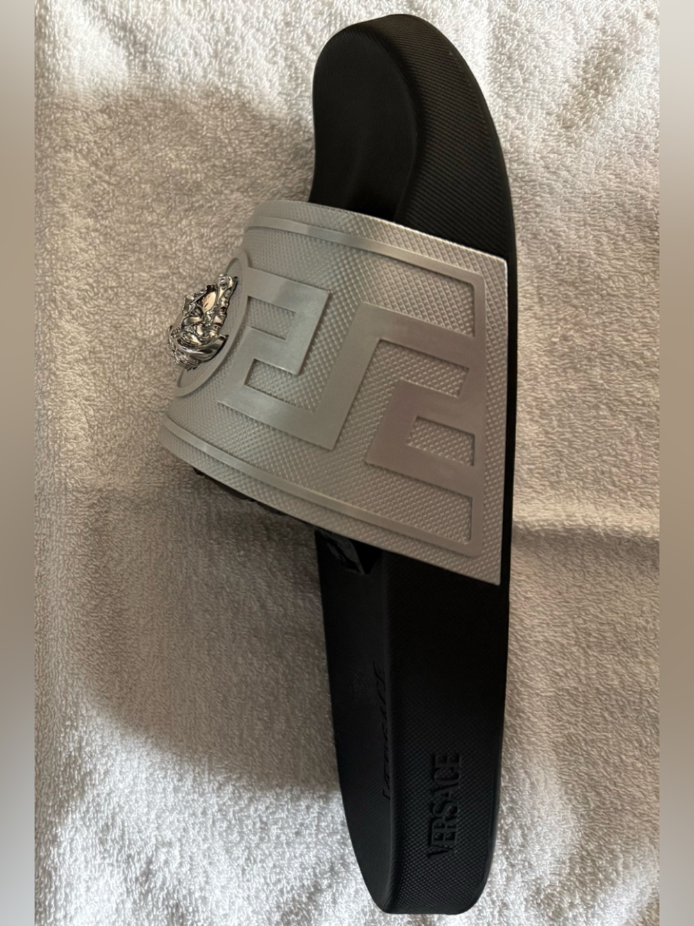 Versace Men’s Silver and Black Medusa Slide 11 US